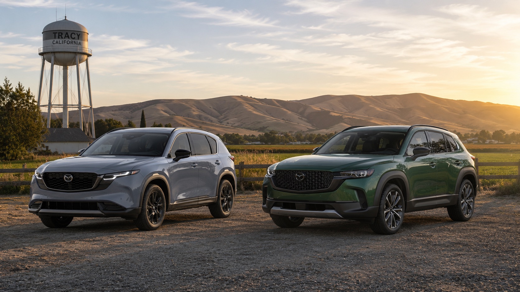 A gray 2026 Mazda CX-5 and green 2026 Mazda CX-50 parked side by side in a rural Tracy, California setting with farmland and golden hills in the background.
