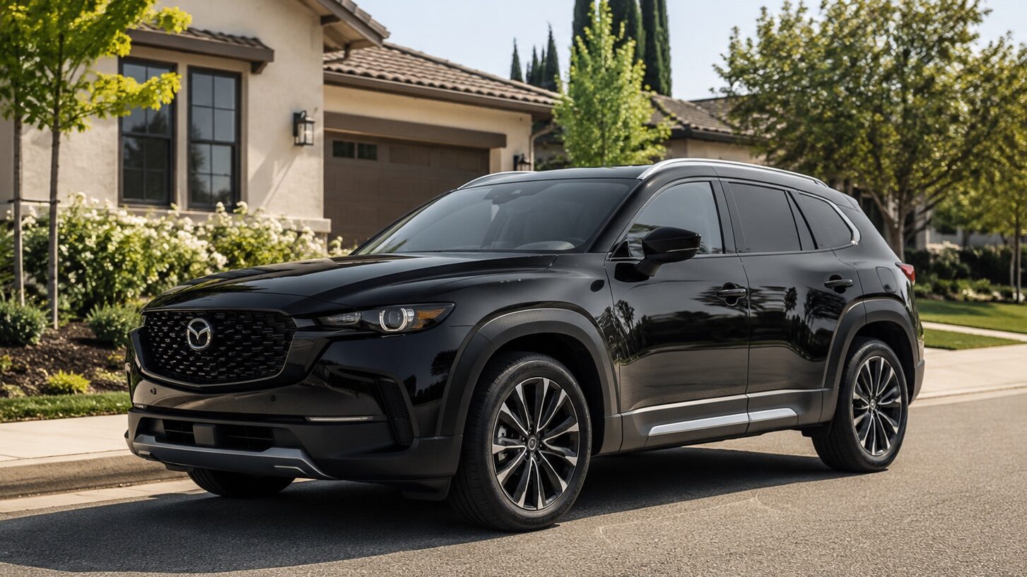 Black 2026 Mazda CX-50 Hybrid parked in a residential Tri-Valley neighborhood near Dublin, California.