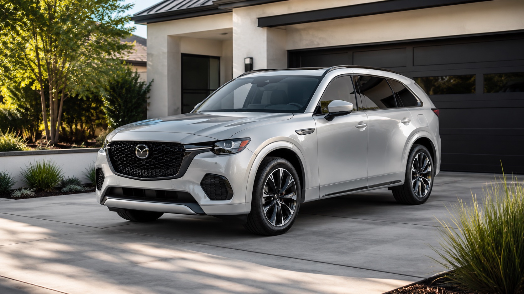 Silver 2026 Mazda CX-70 PHEV parked in a modern East Bay driveway near Dublin, California.
