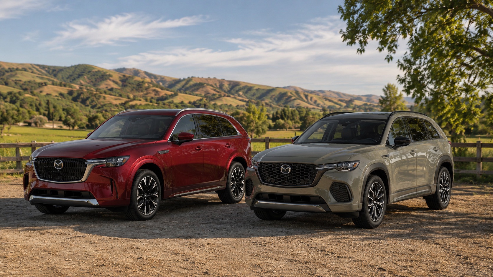 A 2026 Mazda CX-90 and 2026 Mazda CX-70 parked side by side in California ranch country near Tracy with rolling golden hills and oak trees.