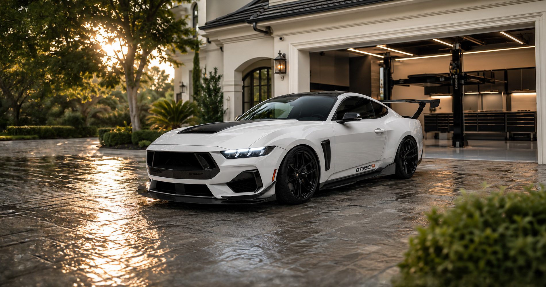 White Shelby Mustang GT350/TA parked on wet driveway in front of luxury home and open garage emphasizing aerodynamic styling and rear wing.