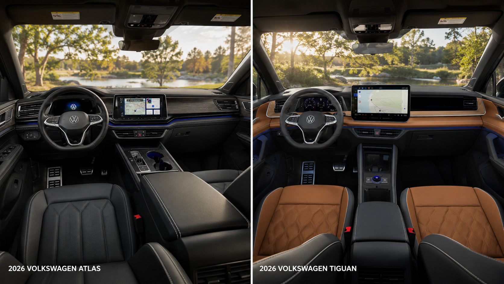 Side-by-side view of Volkswagen Atlas and Tiguan cabins showing their dashboard layouts, touchscreen displays, and interior materials.