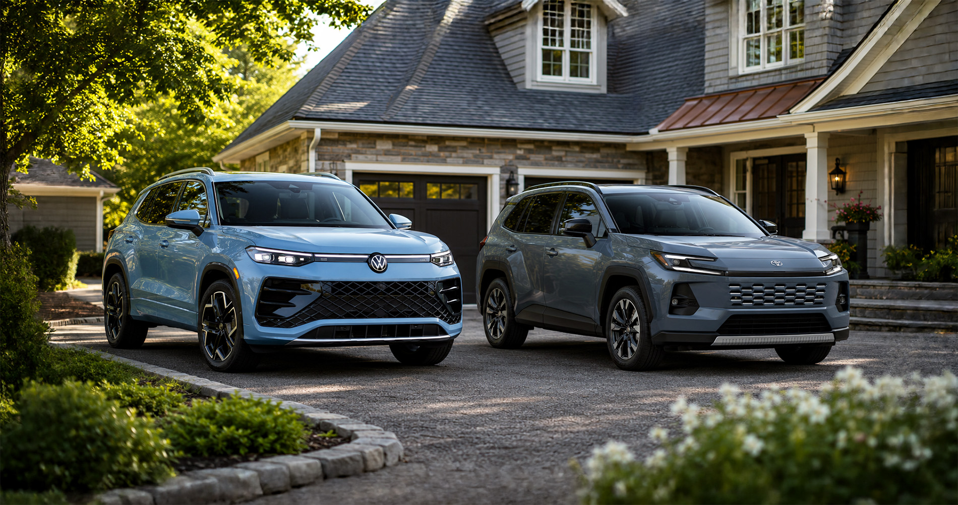 Blue Volkswagen Tiguan and gray Toyota RAV4 SUVs parked in a suburban driveway at sunrise, highlighting design and size differences.