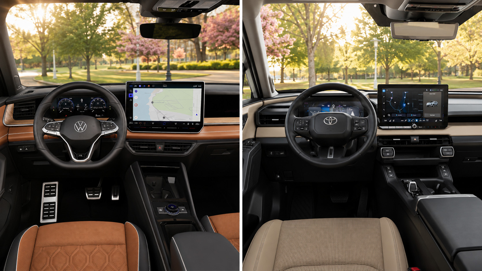 Side-by-side view of Tiguan and RAV4 cabins showing dashboard layouts, touchscreen displays, and trim materials.