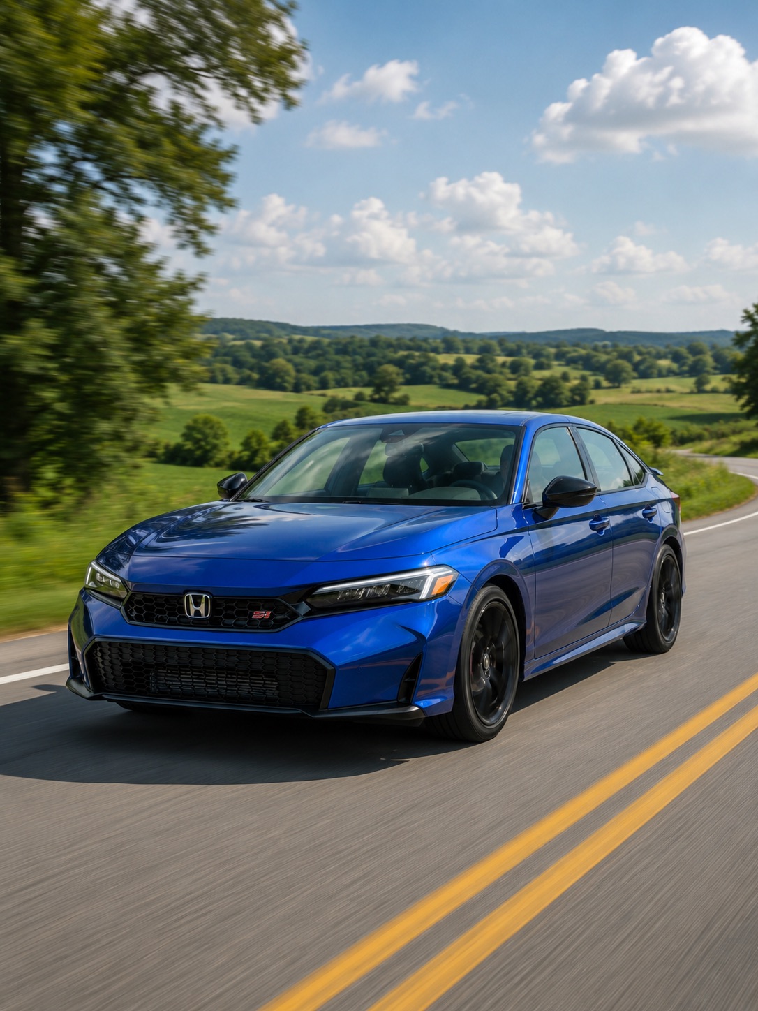 2026 Honda Civic Si driving through scenic rolling Kentucky countryside near Elizabethtown.