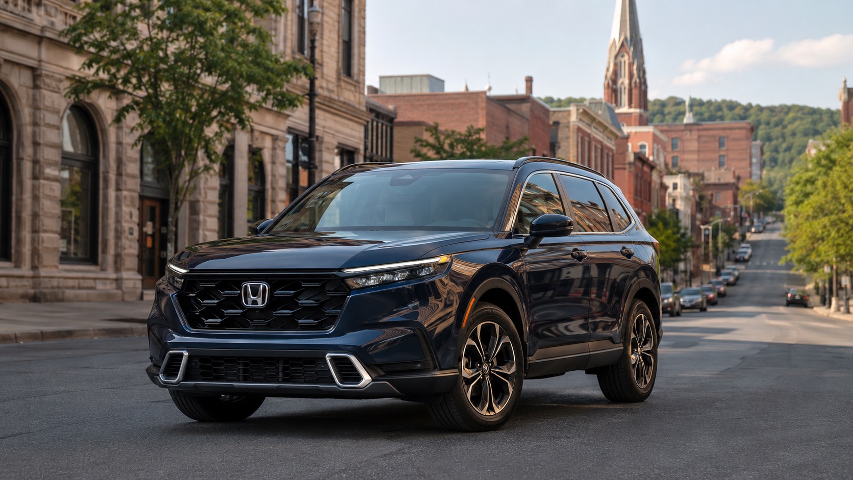 2026 Honda CR-V Touring Hybrid parked on a historic downtown street in Middletown, New York.