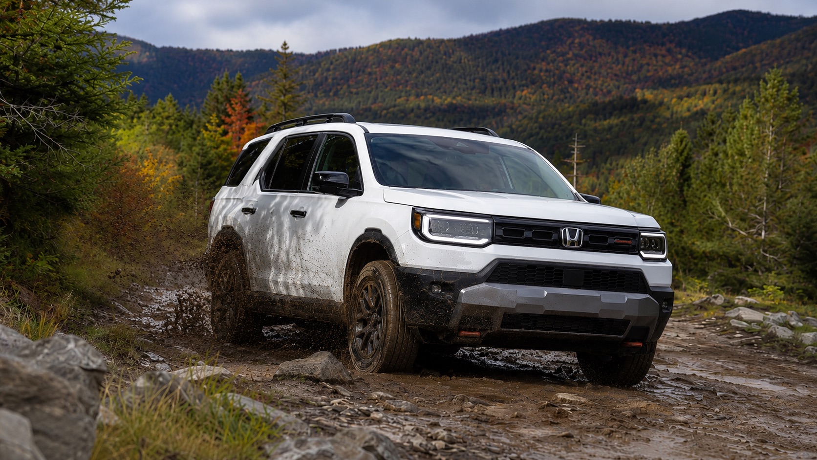 A white 2026 Honda Passport TrailSport Elite HPD parked off-road.