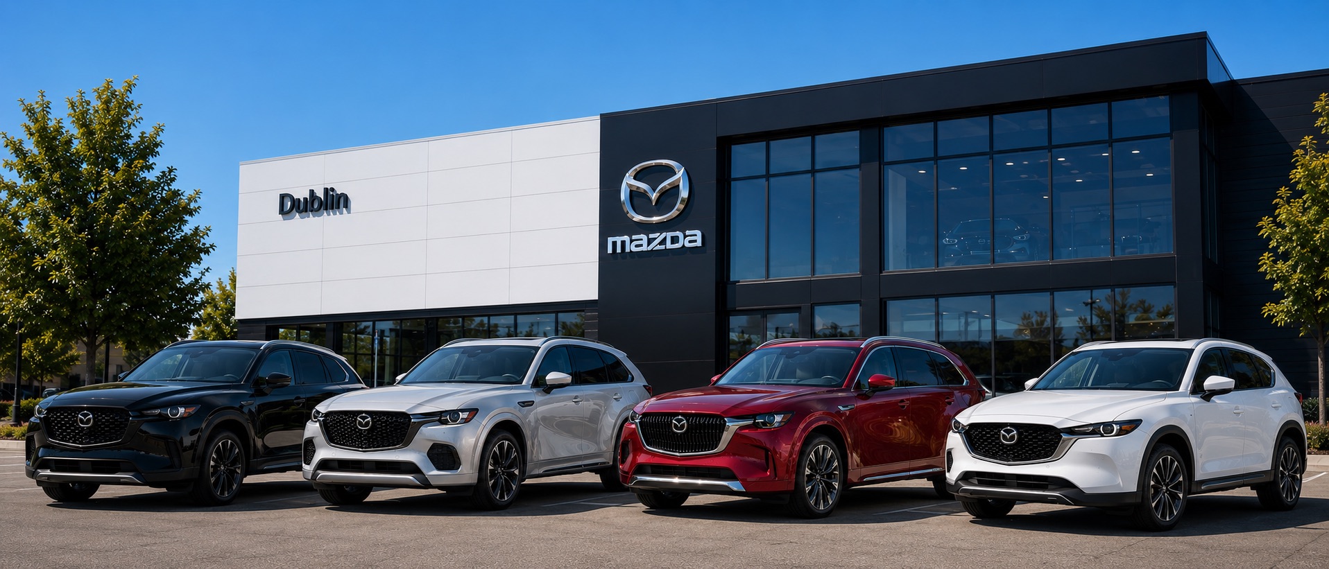 Black Mazda CX-50 Hybrid, silver Mazda CX-70 PHEV, red Mazda CX-90 PHEV, and white Mazda CX-5 displayed in front of the Dublin Mazda dealership.