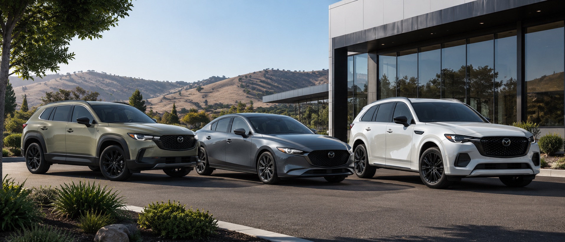 Mazda CX-50 Hybrid, Mazda3 Sedan, and Mazda CX-90 PHEV parked outside a modern dealership near East Bay hills.