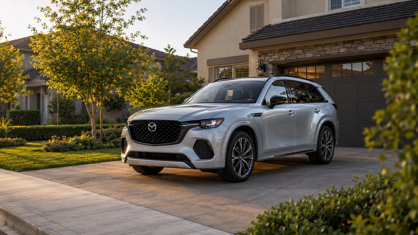 2026 Mazda CX-70 Premium Plus in silver parked at a Tracy, California home in morning light