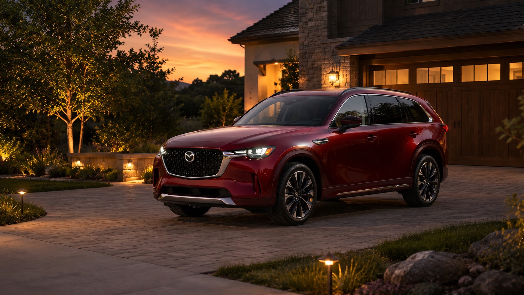 2026 Mazda CX-90 PHEV Premium Plus in red parked at a Tracy, California home at sunset