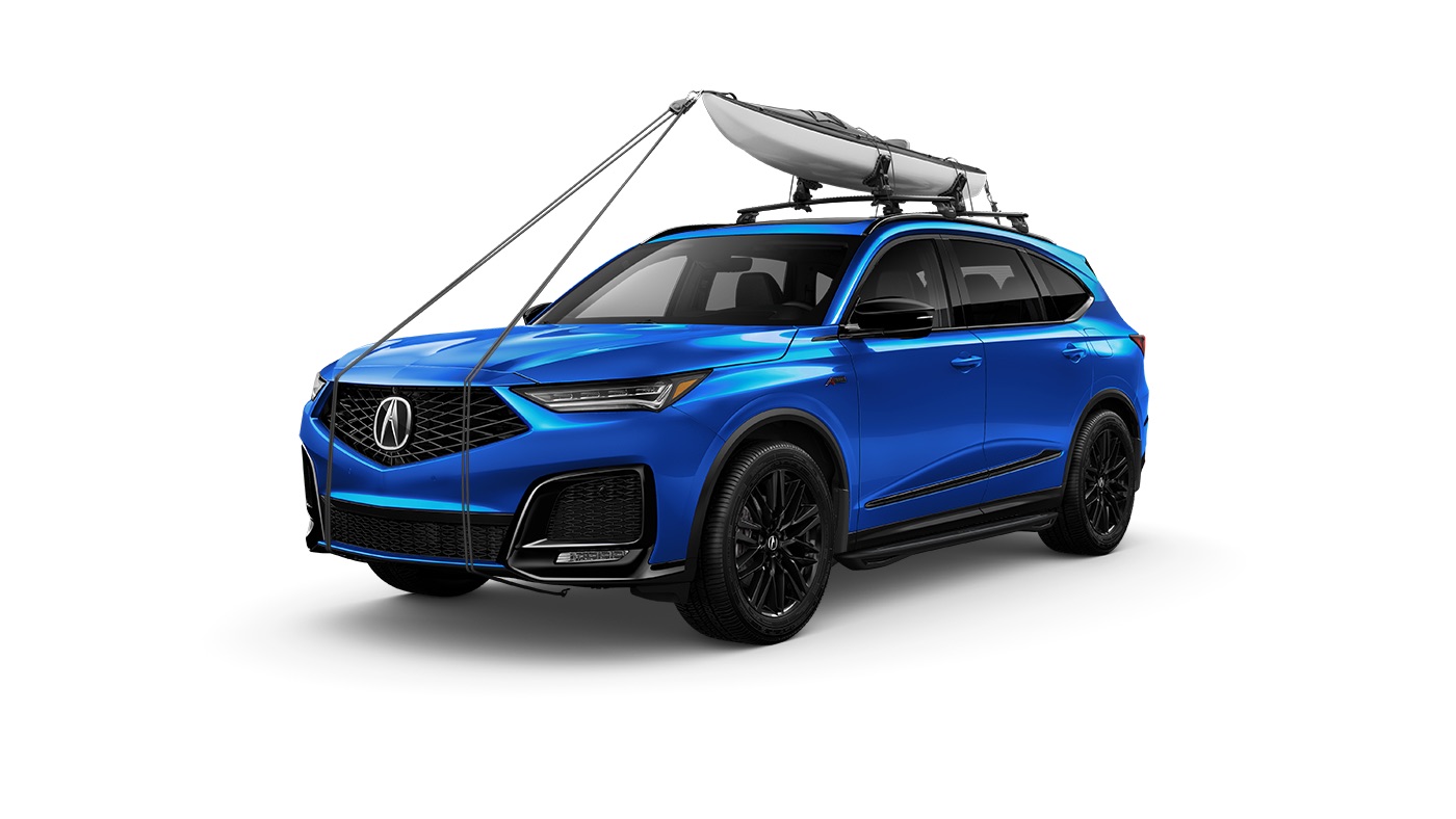 Blue 2026 Acura MDX with a roof-mounted kayak and black running boards
