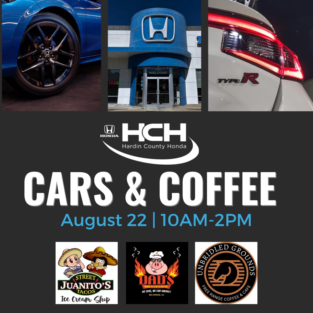 Food vendor graphic for Hardin County Honda Cars and Coffee featuring Street Juanitos Tacos and Ice Cream Shop, Dads BBQ and Catering, and Unbridled Grounds Free Range Coffee and Cafe.