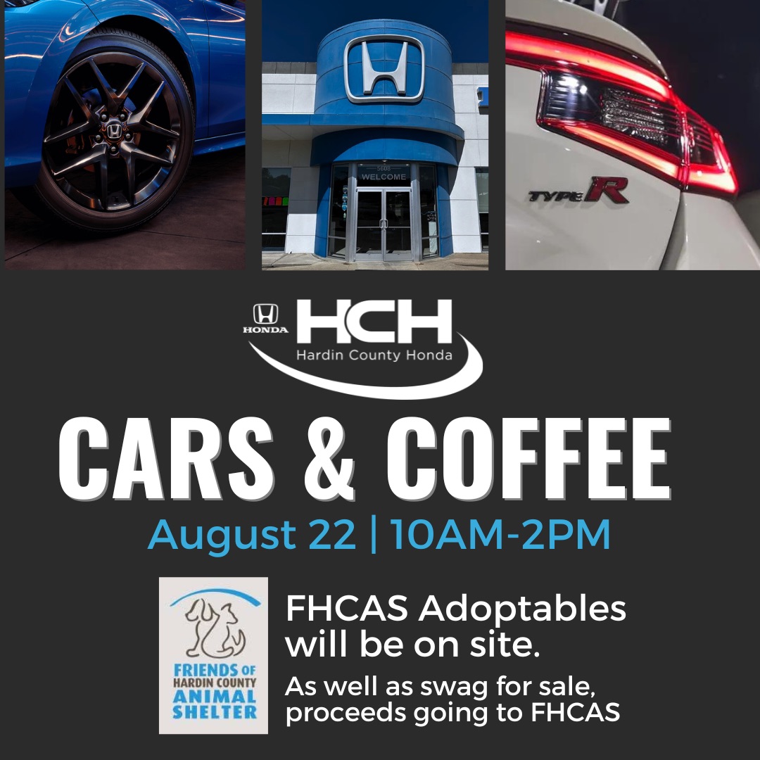 Friends of Hardin County Animal Shelter adoption graphic for Hardin County Honda Cars and Coffee in Elizabethtown Kentucky.