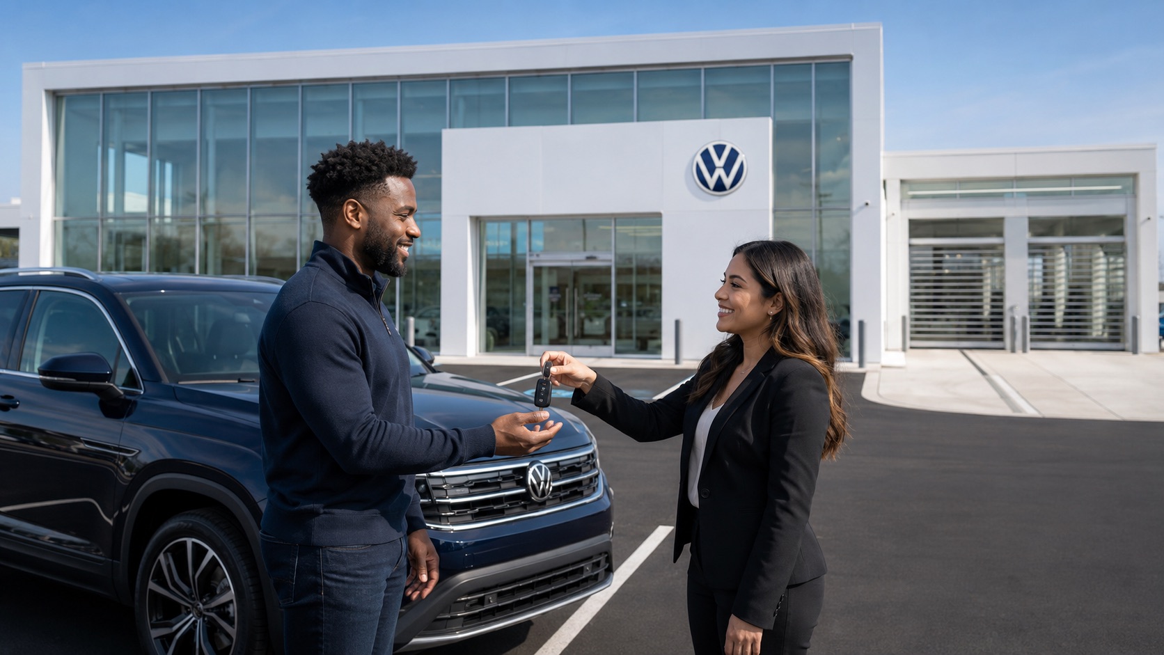 Silko Volkswagen of Easton Client Advisor handing vehicle keys to a customer beside a Volkswagen.