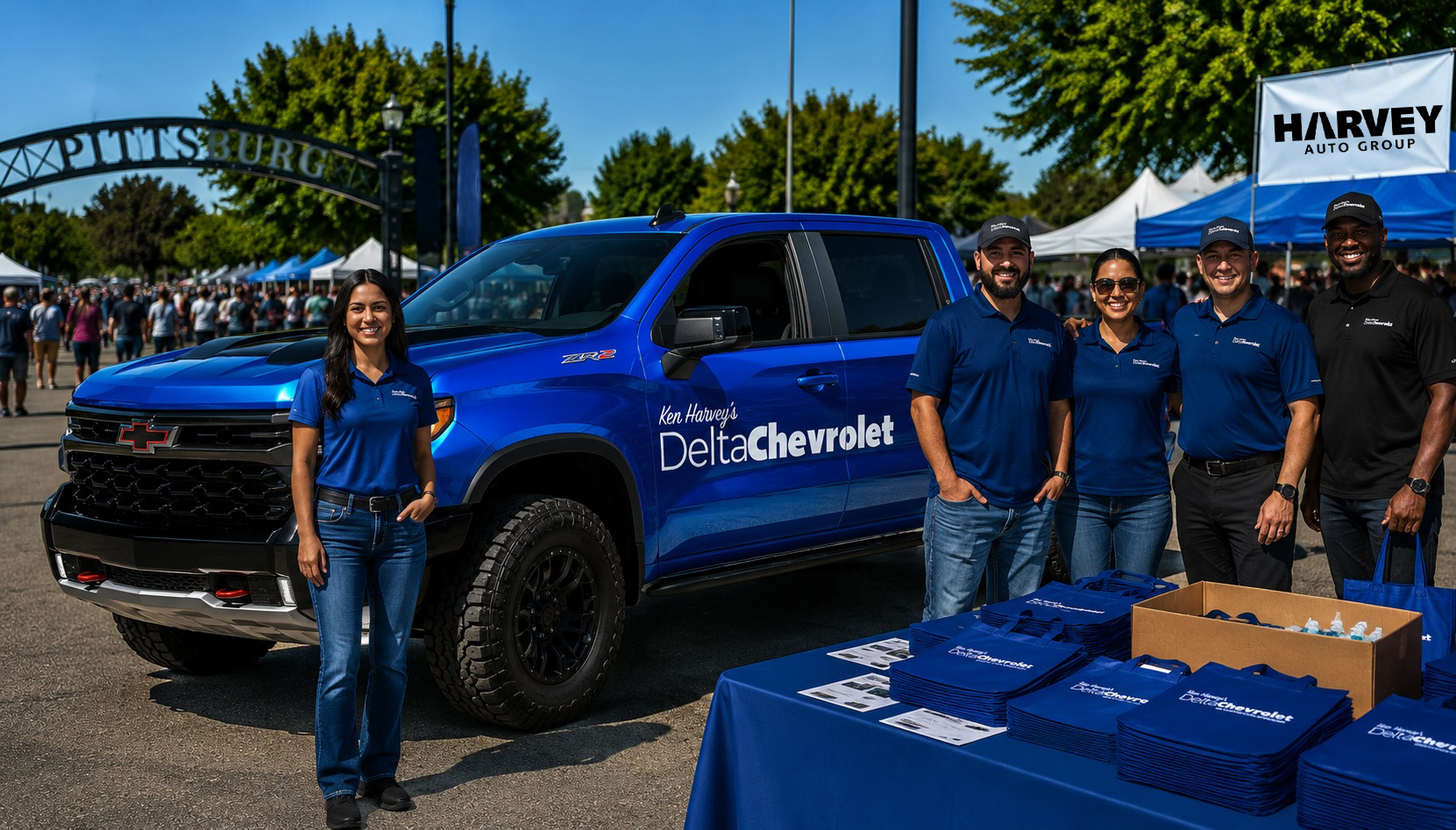 Delta Chevrolet team members stand beside a blue Chevrolet Silverado ZR2 wrapped with the Ken Harvey’s Delta Chevrolet logo during a community event in Pittsburg, California, with the iconic Pittsburg arch and local festival tents in the background.