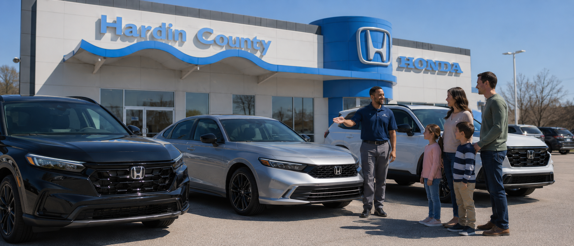 Family comparing Honda vehicles with a salesperson outside Hardin County Honda in Elizabethtown, Kentucky.