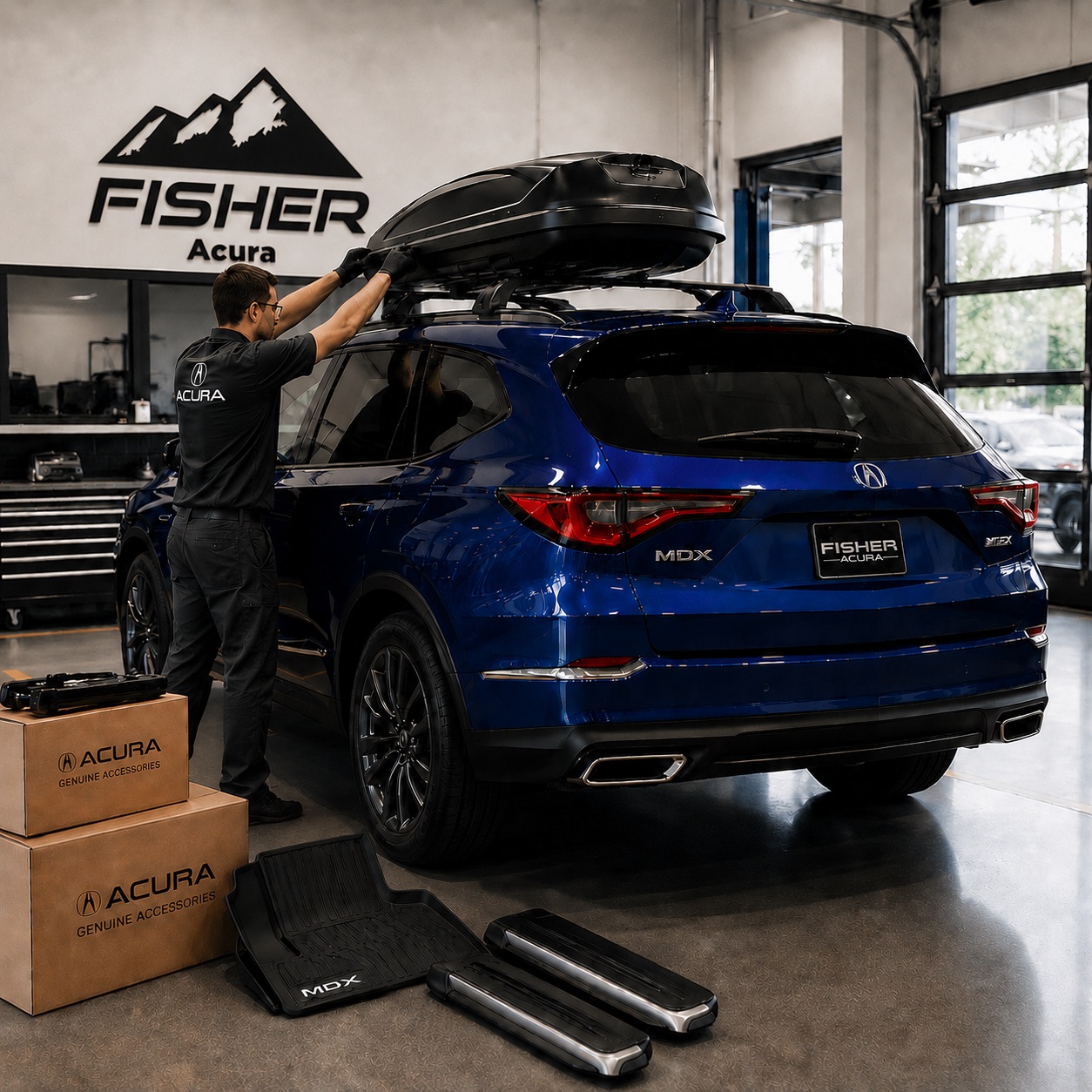 Fisher Acura technician installing a rooftop cargo carrier on a blue Acura MDX with genuine Acura accessories ready nearby