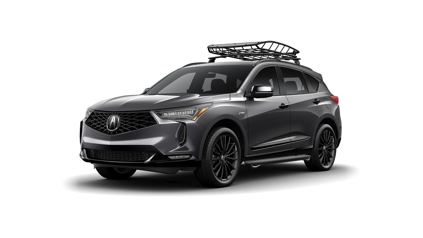 Gray 2026 Acura RDX with a roof-mounted cargo basket and black running boards