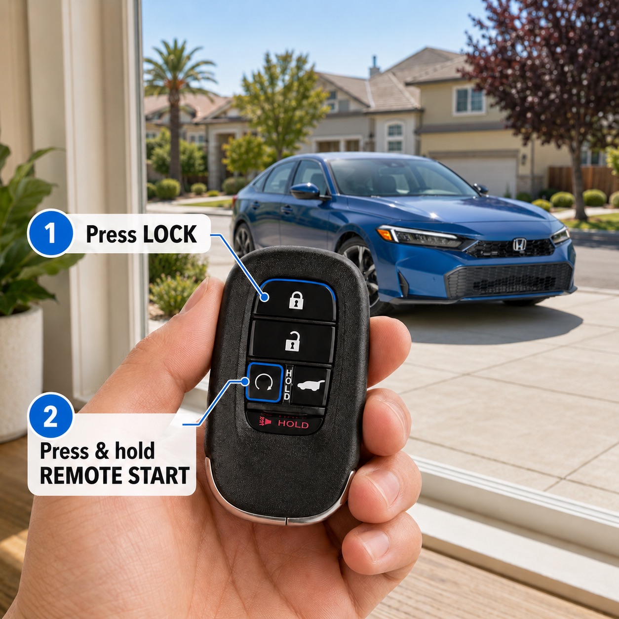 Hand holding a Honda key fob with instructions to press Lock, then press and hold Remote Start, while a blue 2026 Honda Civic sits in a suburban driveway