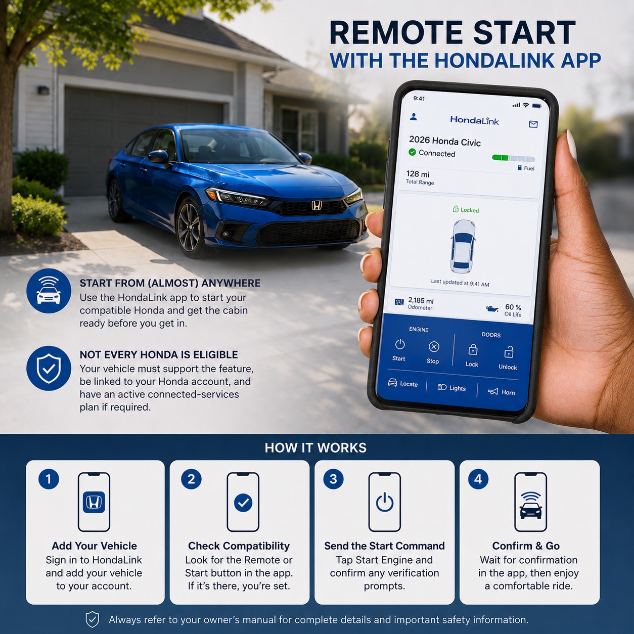 Hand holding a phone with HondaLink controls for a connected 2026 Honda Civic, showing remote engine start, door locks, vehicle range, and status