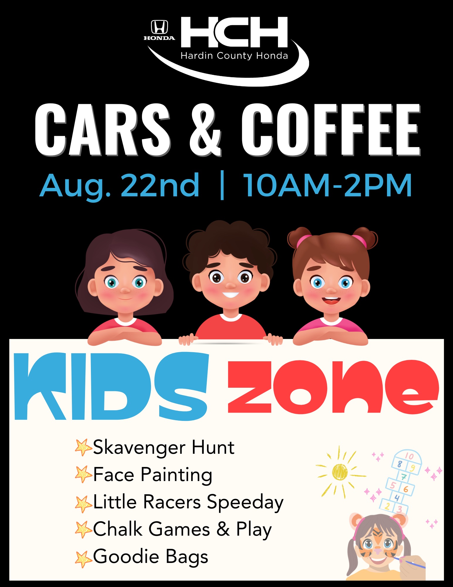 Hardin County Honda Cars and Coffee Kids Zone graphic featuring family-friendly activities including a scavenger hunt, face painting, Little Racers Speedway, chalk games, free play, and goodie bags.