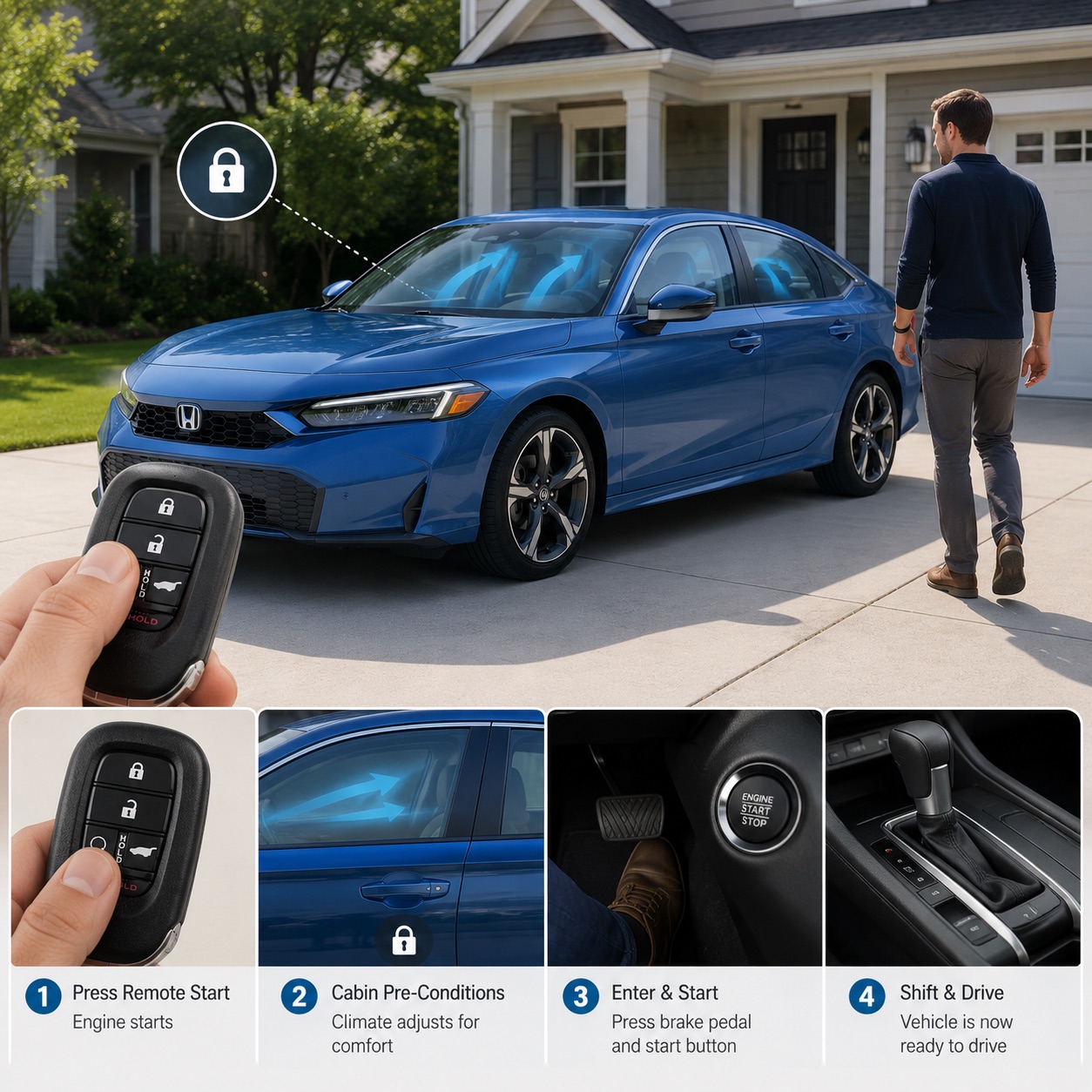 Honda remote-start guide showing a locked blue Civic pre-conditioning its cabin, followed by entering with the key fob, pressing the brake and start button, and shifting into Drive