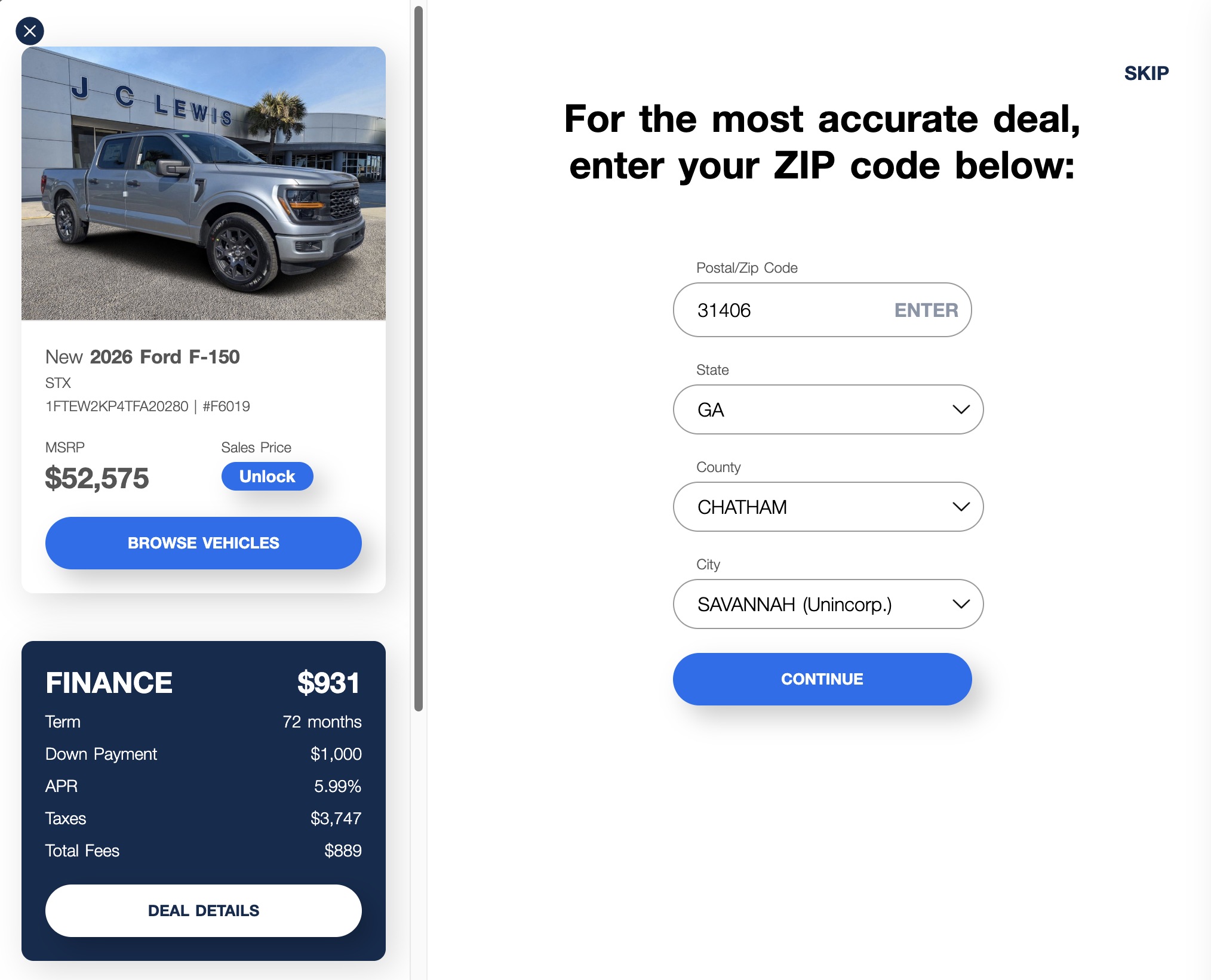 J.C. Lewis Ford Personalize Payment tool showing vehicle information, location selection, financing terms, taxes, fees, and deal details