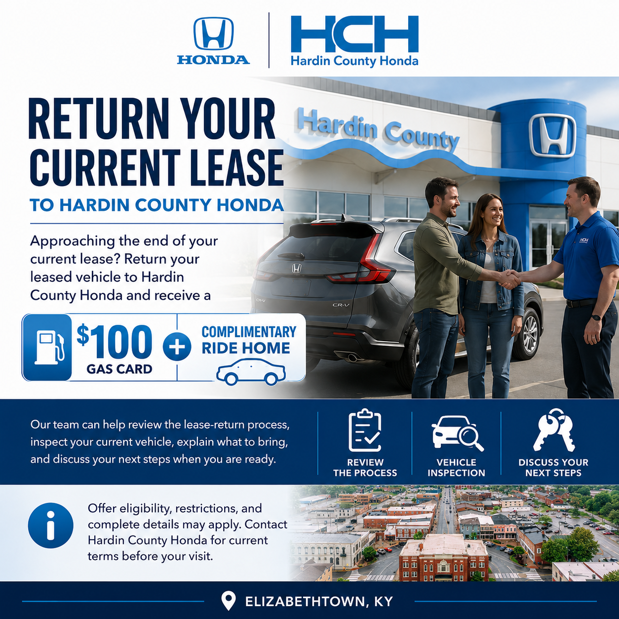 Lease return promotion at Hardin County Honda offering a $100 gas card and complimentary ride home in Elizabethtown, Kentucky
