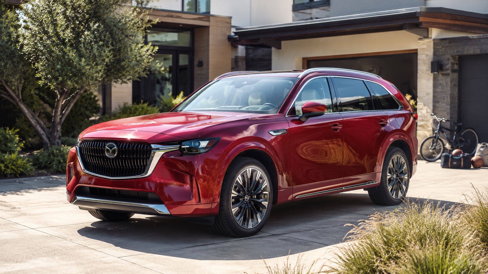 Red Mazda CX-90 PHEV in a family-friendly driveway setting with three-row SUV context.
