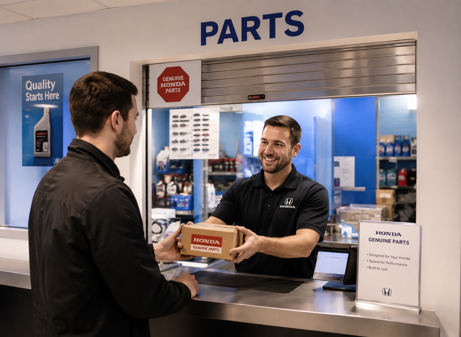 Middletown Honda parts counter specialist handing a genuine Honda parts package to a customer