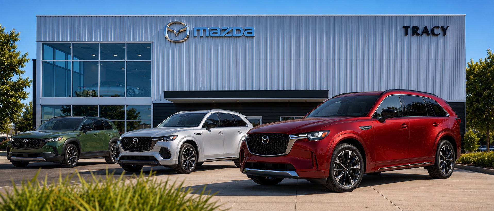 Red Mazda CX-90 PHEV, silver Mazda CX-70, and green Mazda CX-50 parked in front of the Tracy Mazda dealership in Tracy, California.