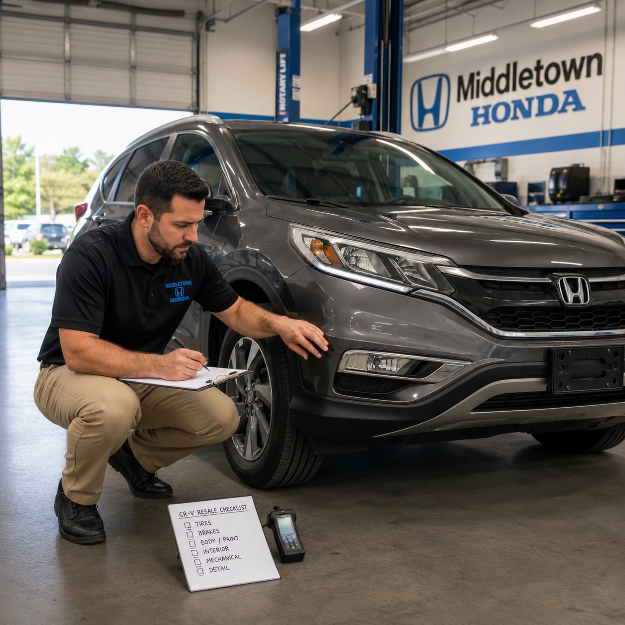 Middletown Honda employee inspecting a used Honda CR-V for tires, brakes, body condition, interior wear, and mechanical needs inside the dealership service bay.