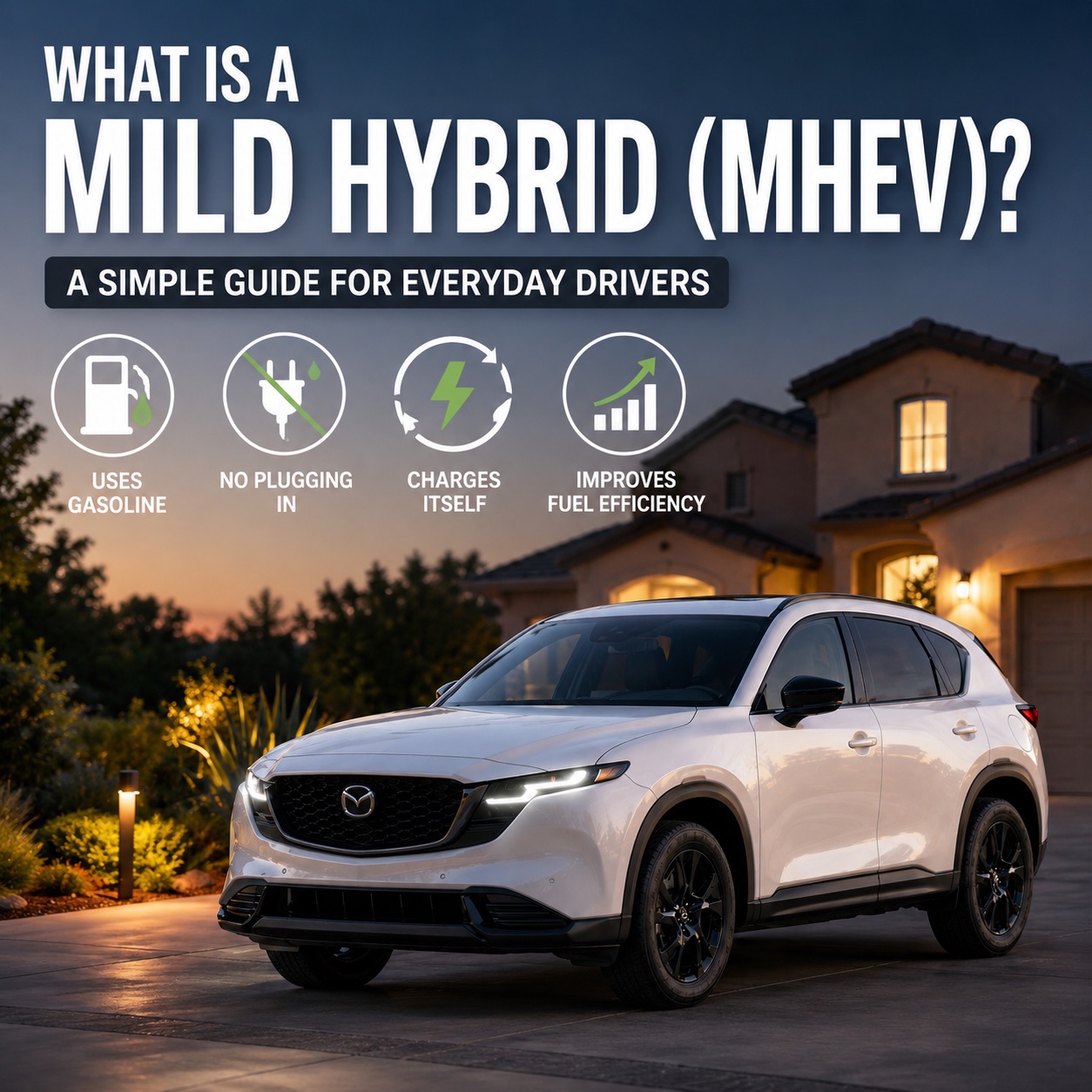 Illustration explaining what a mild hybrid (MHEV) is, featuring a white Mazda CX-5 SUV with icons showing gasoline power, no plug-in charging, self-charging through regenerative braking, and improved fuel efficiency.