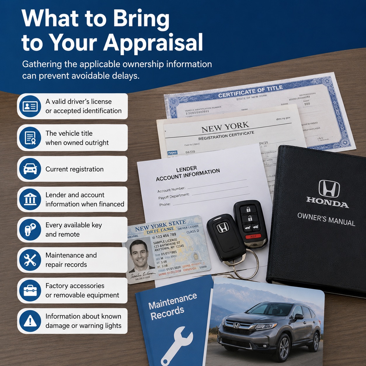 Flat lay of the documents and items to bring to a vehicle appraisal at Middletown Honda, including a driver’s license, vehicle title, registration, lender payoff information, key fobs, maintenance records, owner’s manual, factory accessories, and vehicle information to help streamline the appraisal process.
