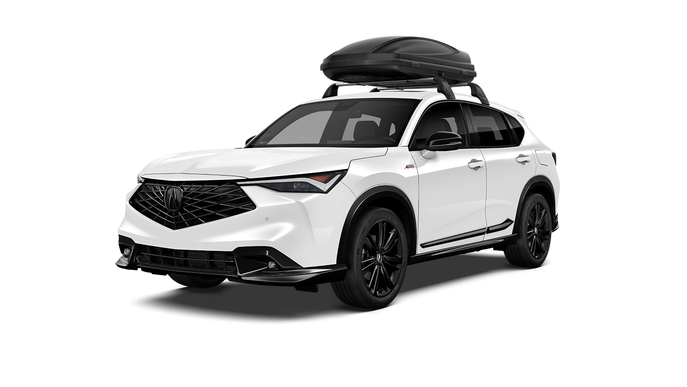 White 2026 Acura ADX with roof crossbars and a black rooftop cargo box