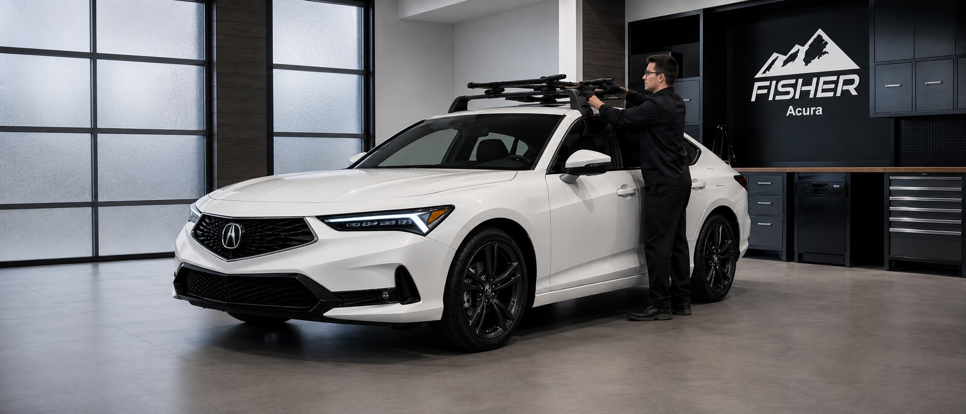 White Acura sedan inside a modern Fisher Acura service showroom while a technician installs a roof rack. Frosted glass panels provide privacy, and the Fisher Acura mountain logo is displayed on the black wall behind the vehicle.