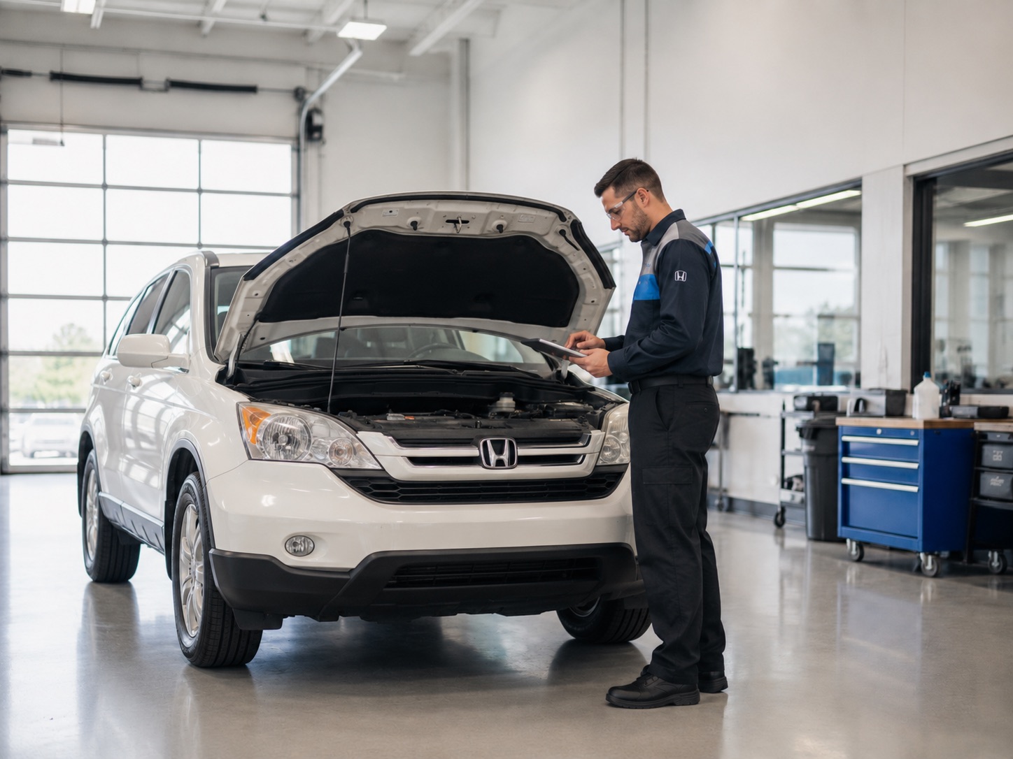 Factory-certified technician inspecting a white 2008 Honda CR-V EX-L in a clean Delta Honda service bay.