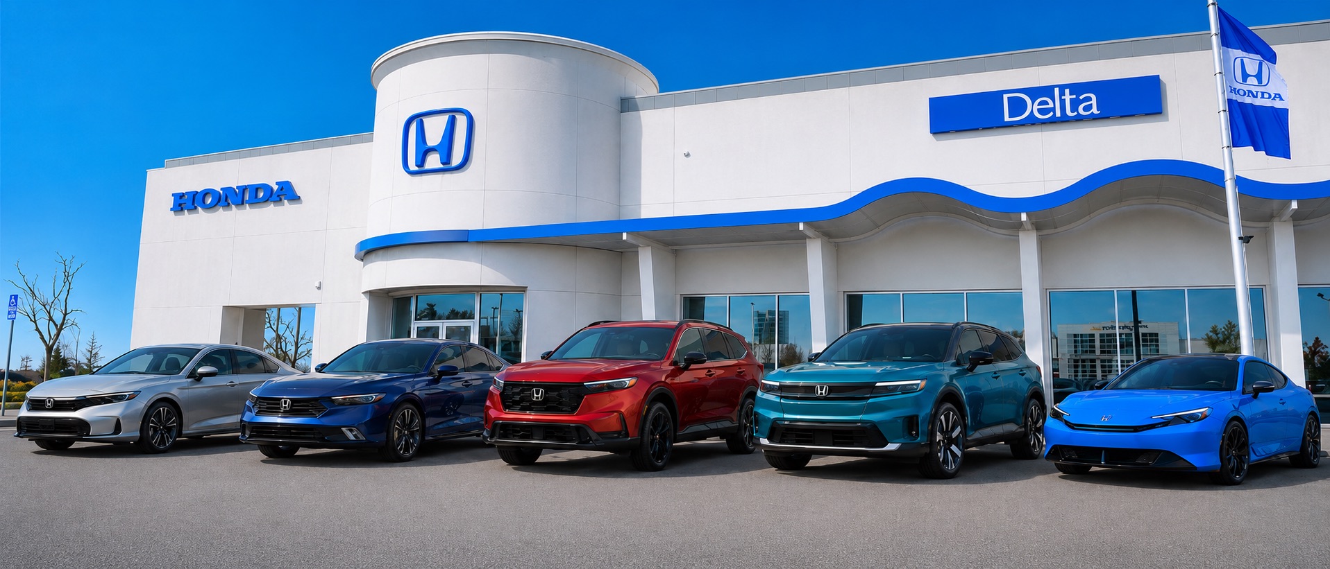 Honda Civic Hybrid, Accord Hybrid, CR-V Hybrid, Prelude Hybrid, and Prologue displayed for a Delta Honda hybrid comparison guide.