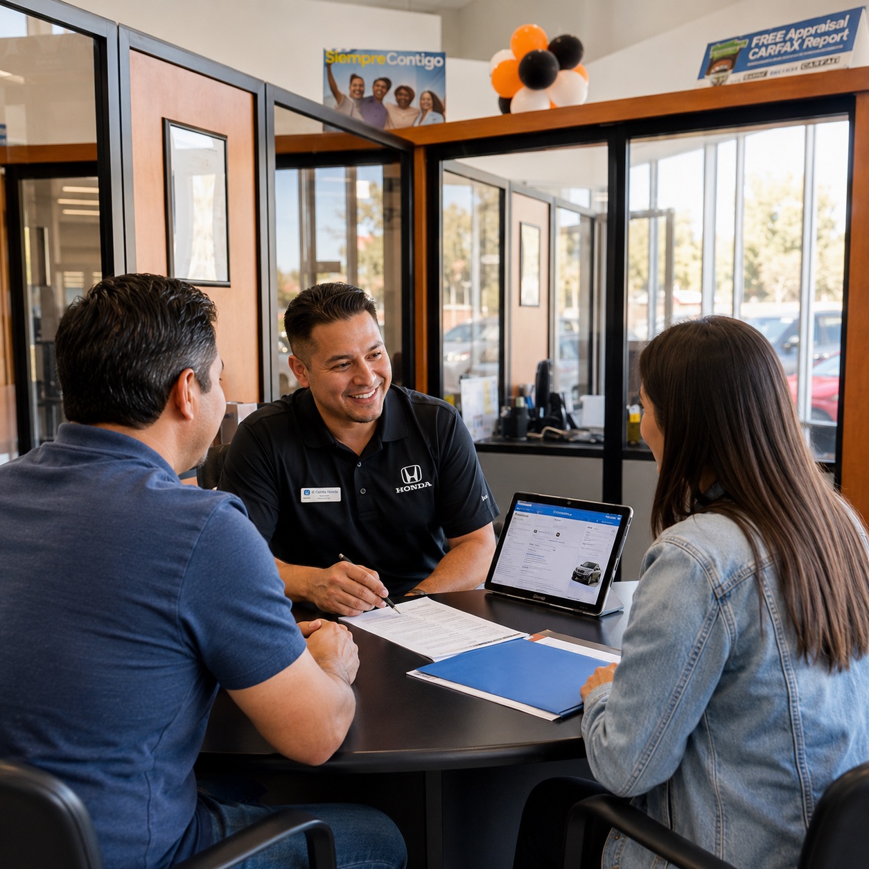 Honda finance specialist reviewing paperwork with customers inside the El Cerrito Honda showroom.