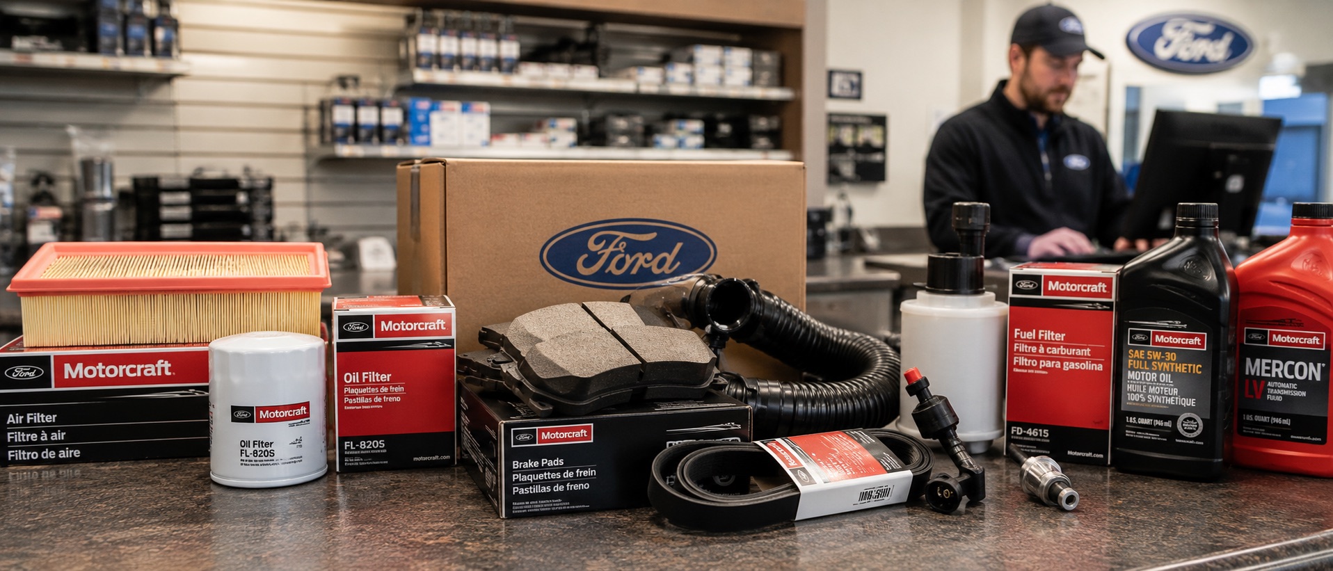 Ford and Motorcraft parts arranged on a dealership parts counter at Toothman and Sowers Ford