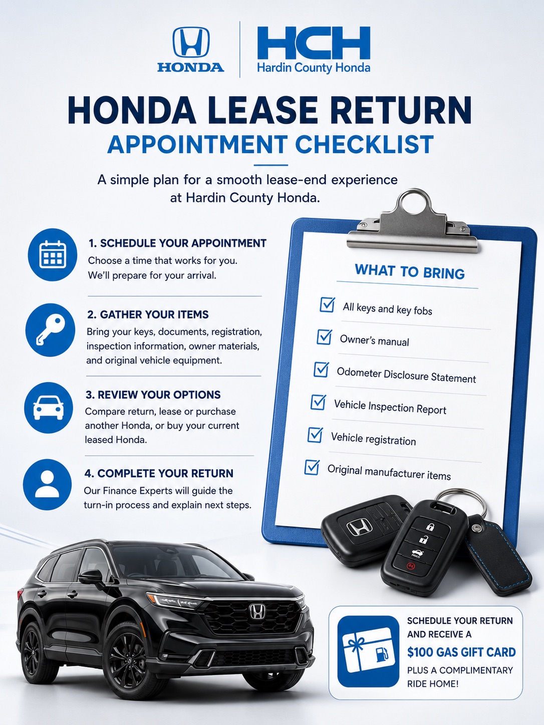 Honda lease return checklist with keys, inspection report, registration, and lease-end documents prepared for Hardin County Honda.