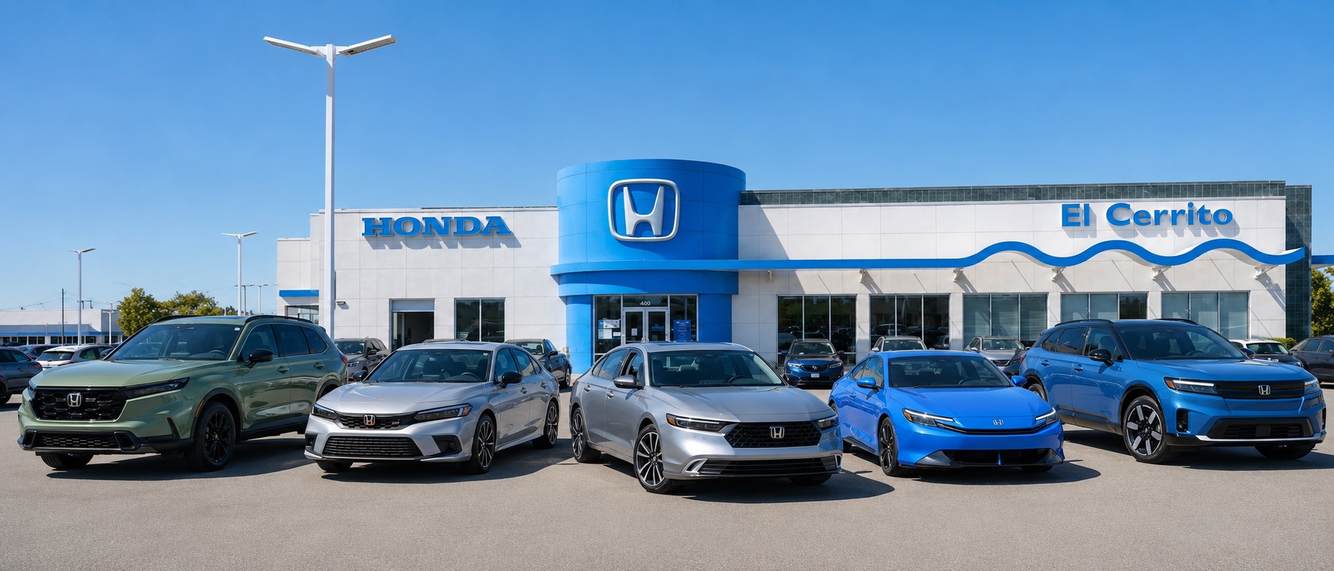 2026 Honda CR-V Hybrid, Civic Hybrid, Accord Hybrid, Prelude Hybrid, and Prologue displayed in front of El Cerrito Honda.