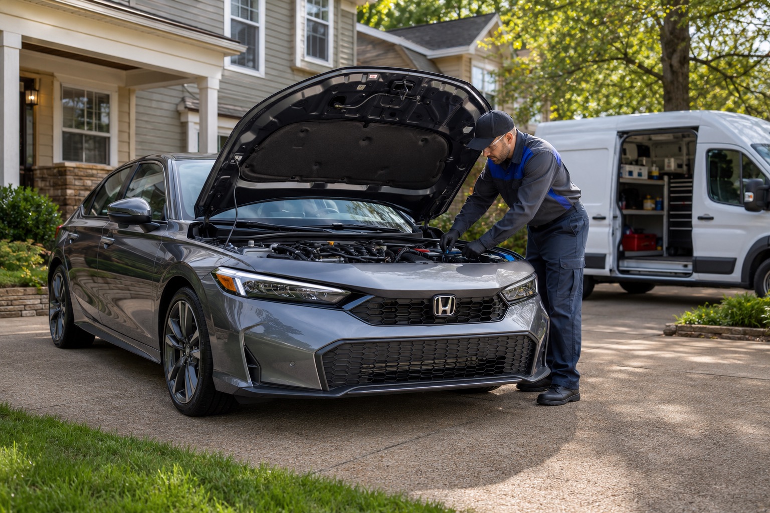 Honda certified mobile service technician working on a 2026 Honda Civic EX-L in a Hardin County driveway.