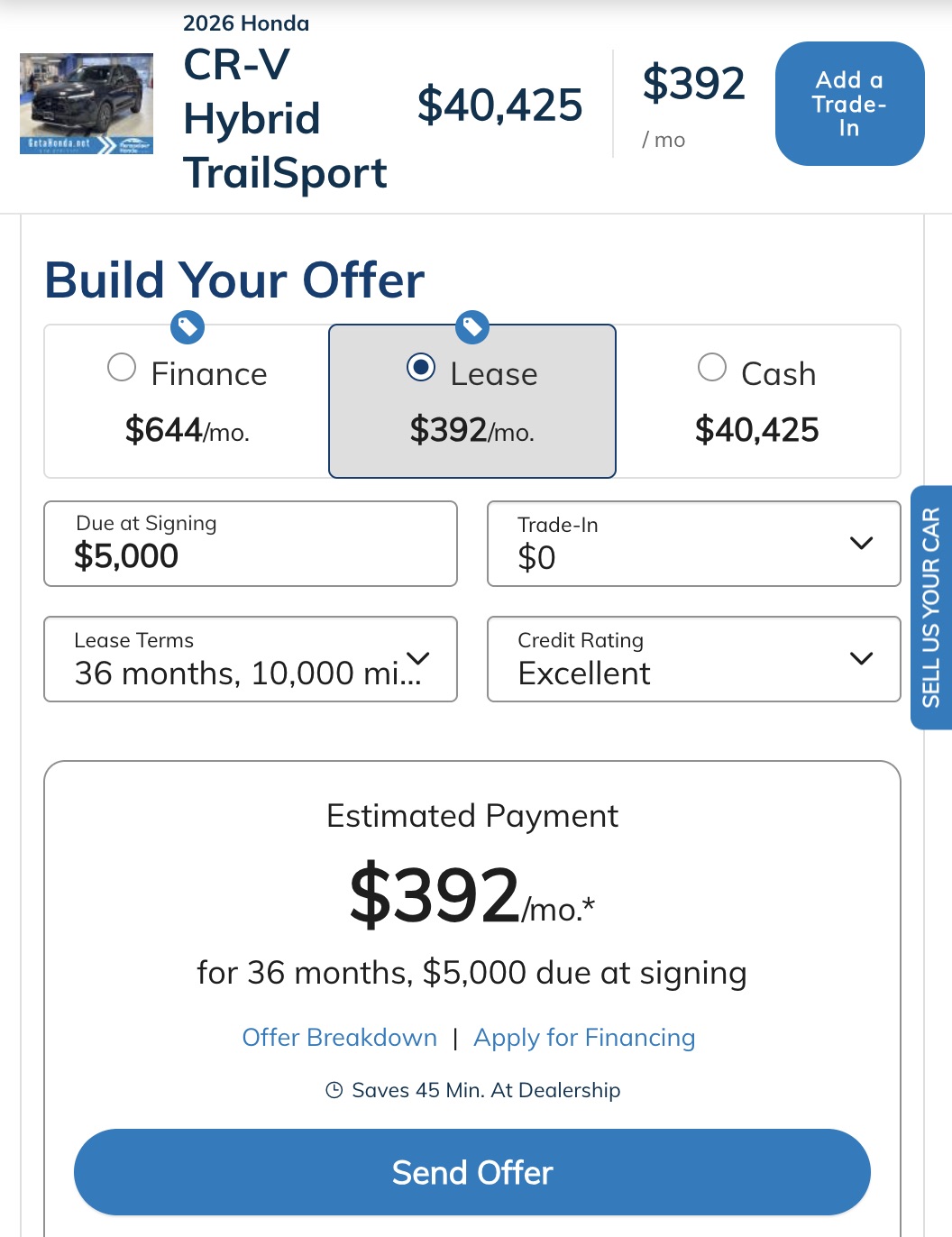 Rensselaer Honda Build Your Deal tool showing Honda CR-V lease, finance, cash, trade-in, and personalized payment options