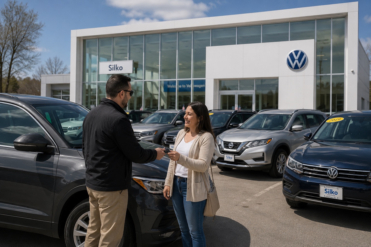 Customer trading in a vehicle outside Silko Volkswagen of Easton