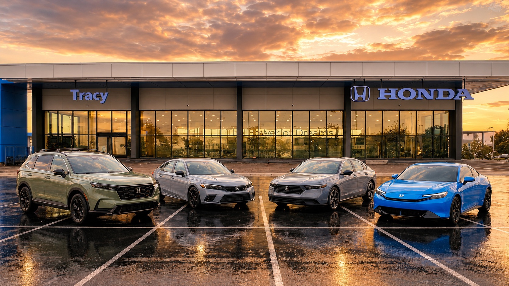 Tracy Honda dealership exterior at golden hour with new Honda vehicles parked in front of the showroom.
