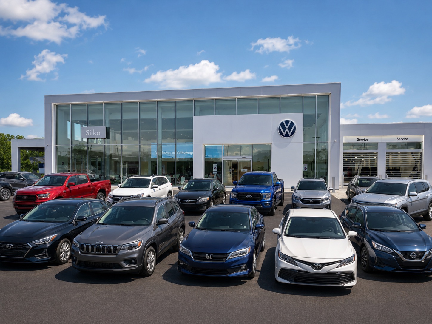 Assorted used cars, trucks, and SUVs displayed outside Silko Volkswagen of Easton