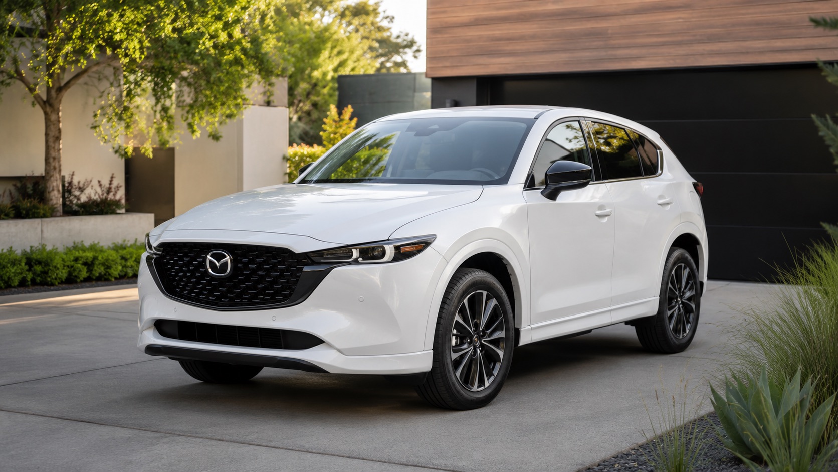 White 2026 Mazda CX-5 Premium Plus parked in a clean residential driveway near Dublin, California.