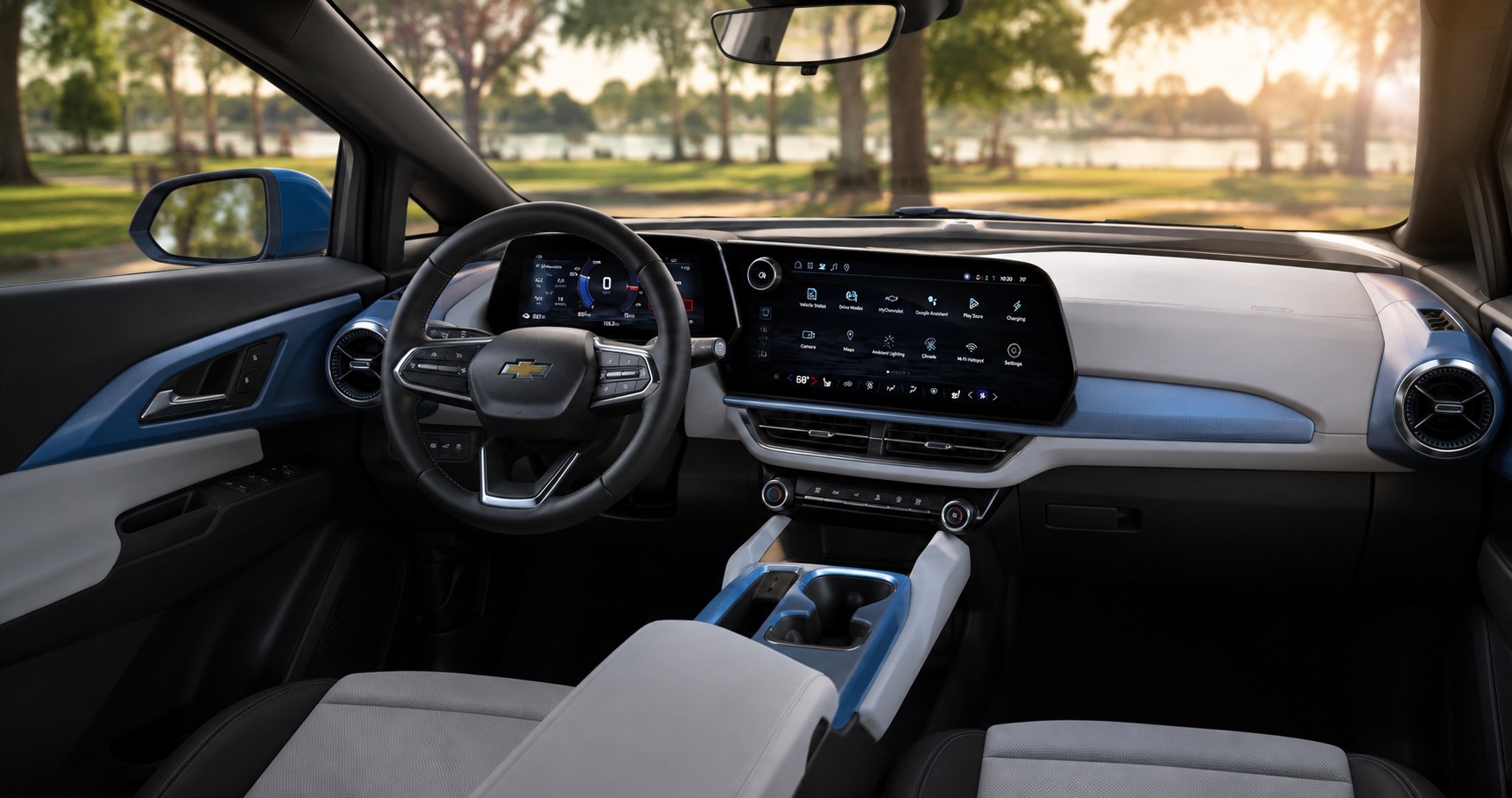 Chevrolet Equinox EV cabin with blue and gray dashboard large digital displays and steering wheel featuring Chevrolet logo overlooking park at sunrise.